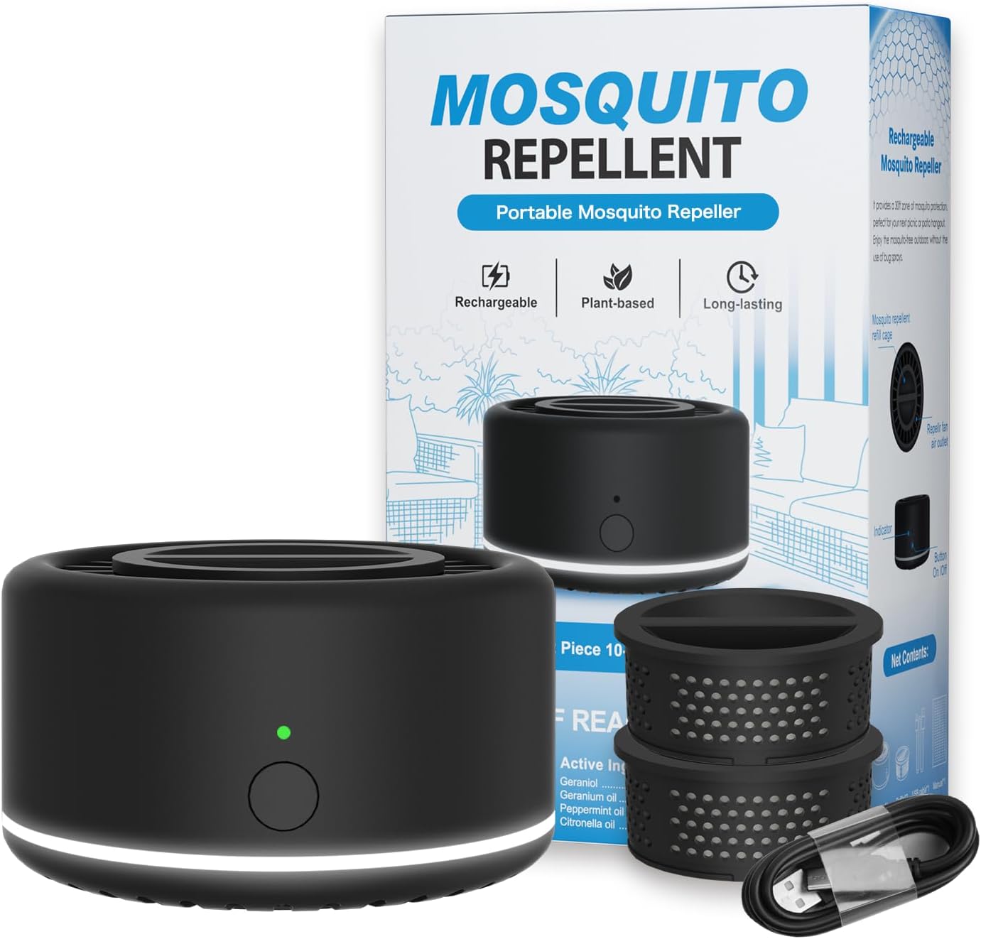 Mosquito Repellent Outdoor Patio, Bug Repellent Outdoor Portable Insect Repeller Rechargeable Mosquito Deterrent Device Camping Hiking (Black, 2 Refills)