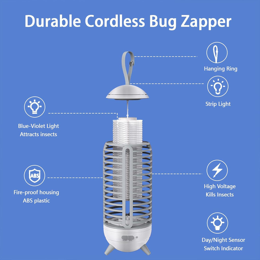 Bug Zapper Outdoor Rechargeable 2 in 1 Wireless Mosquito Killer Lamp 2500mAh Electric Trap Ideal Bug Zapper Indoor for Patio, Home, Backyard, Yard, Garden, Campsite (White)