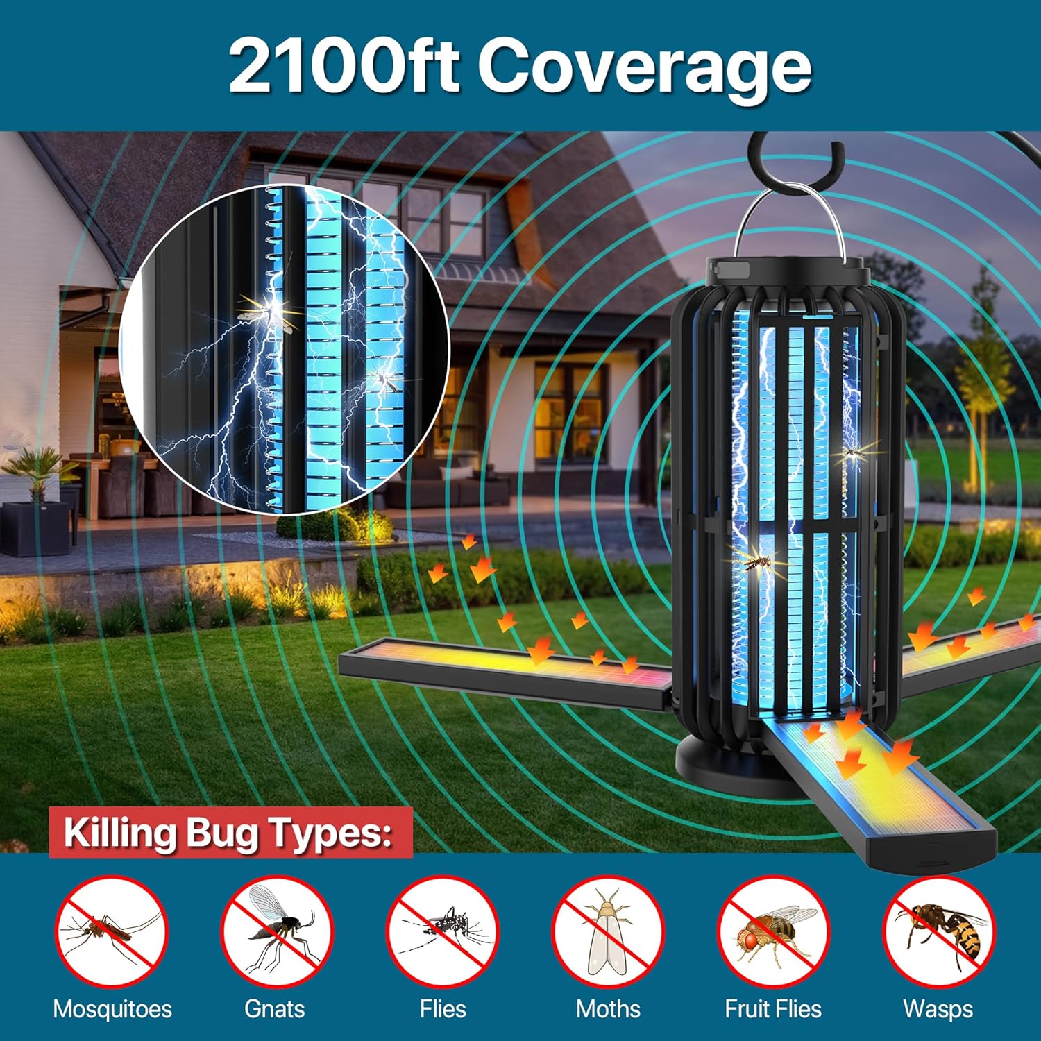 Bug Zapper Outdoor, Solar Bug Zapper with 3 Solar Panels, IP65 Zapper Indoor for Home, 3600mAh Mosquito Killer for Backyard