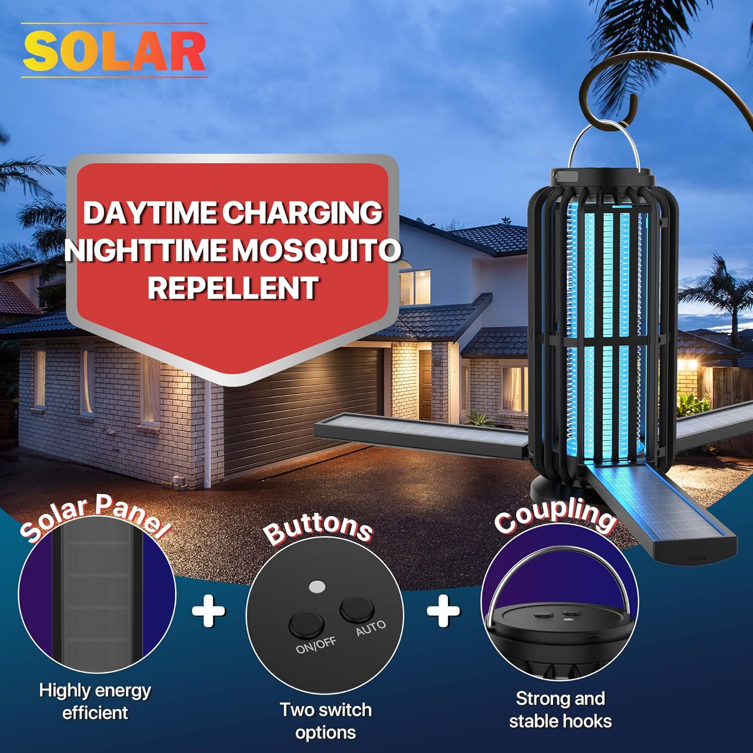 Bug Zapper Outdoor, Solar Bug Zapper with 3 Solar Panels, IP65 Zapper Indoor for Home, 3600mAh Mosquito Killer for Backyard